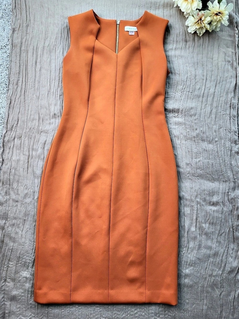 Calvin Klein Scuba Crepe Sleeveless Princess Seam Sheath Dress Orange Midi Dress